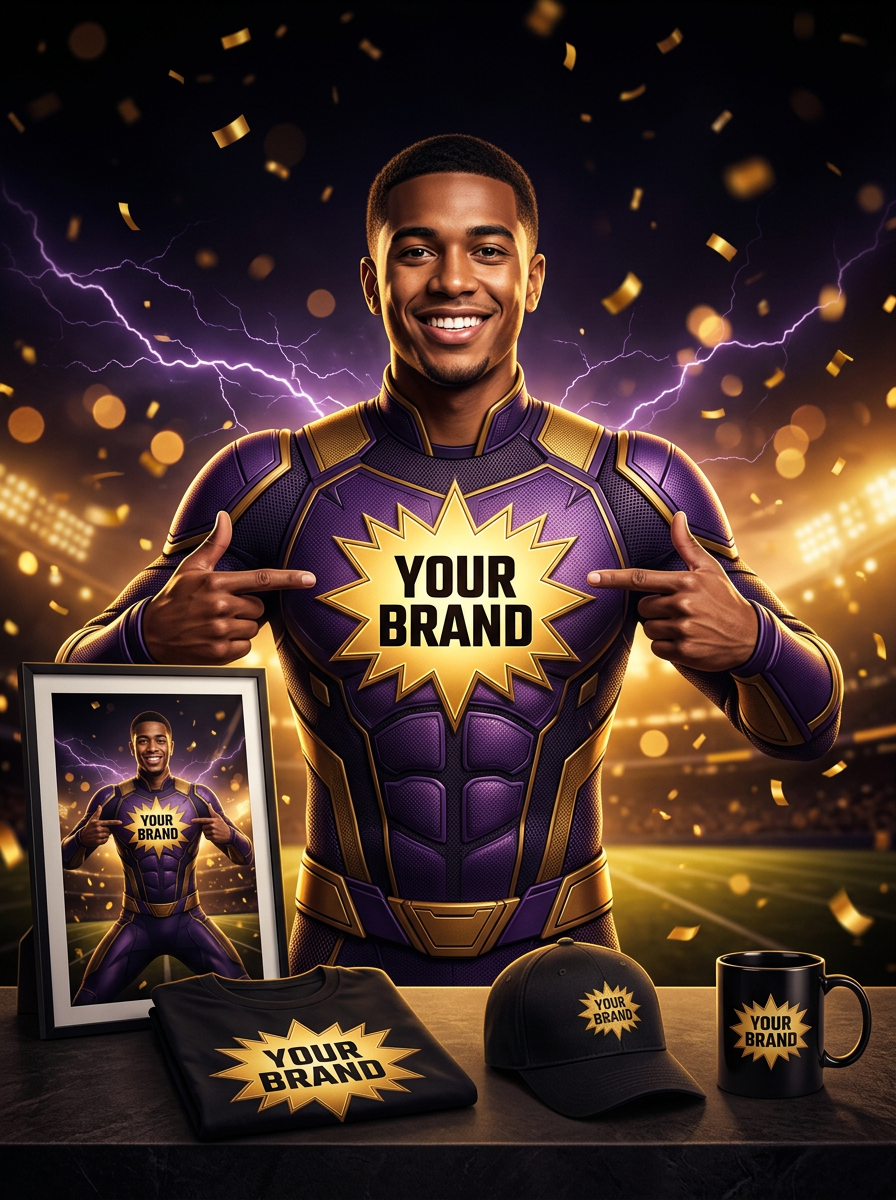 A hero pointing at a YOUR BRAND starburst emblem, surrounded by branded merchandise