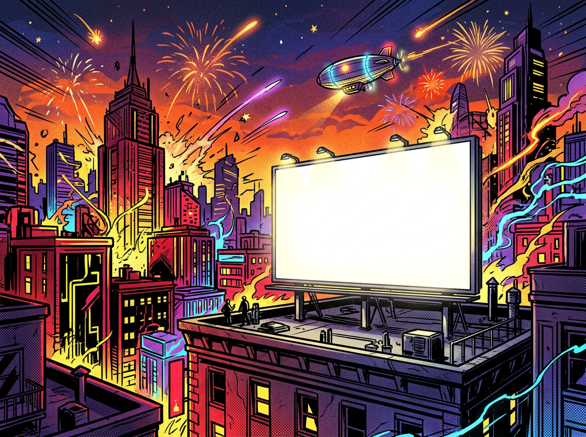 Comic pop-art city skyline at dusk with a giant empty billboard and a blimp overhead
