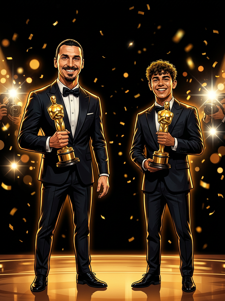 Two friends in tuxedos holding golden awards at a glamorous gala