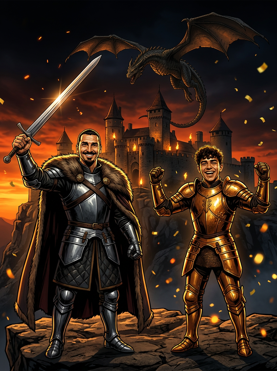 Two armored companions cheering before a dragon-circled castle at sunset