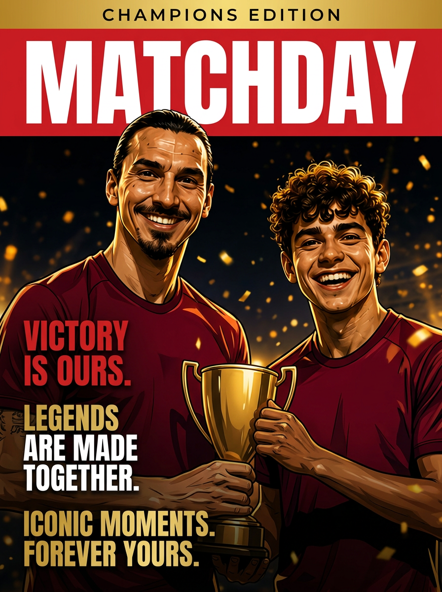 Matchday magazine cover of two players celebrating with a golden trophy