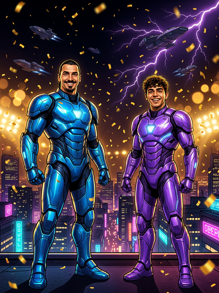 Two friends in glowing sci-fi armor fist-bumping on a neon megacity rooftop