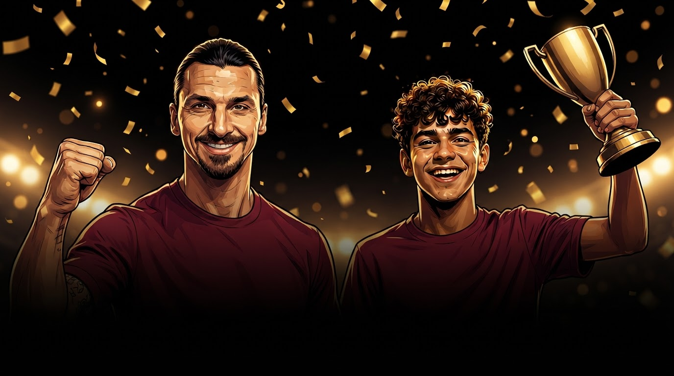 Two jubilant players hoisting a golden trophy under stadium lights in falling gold confetti