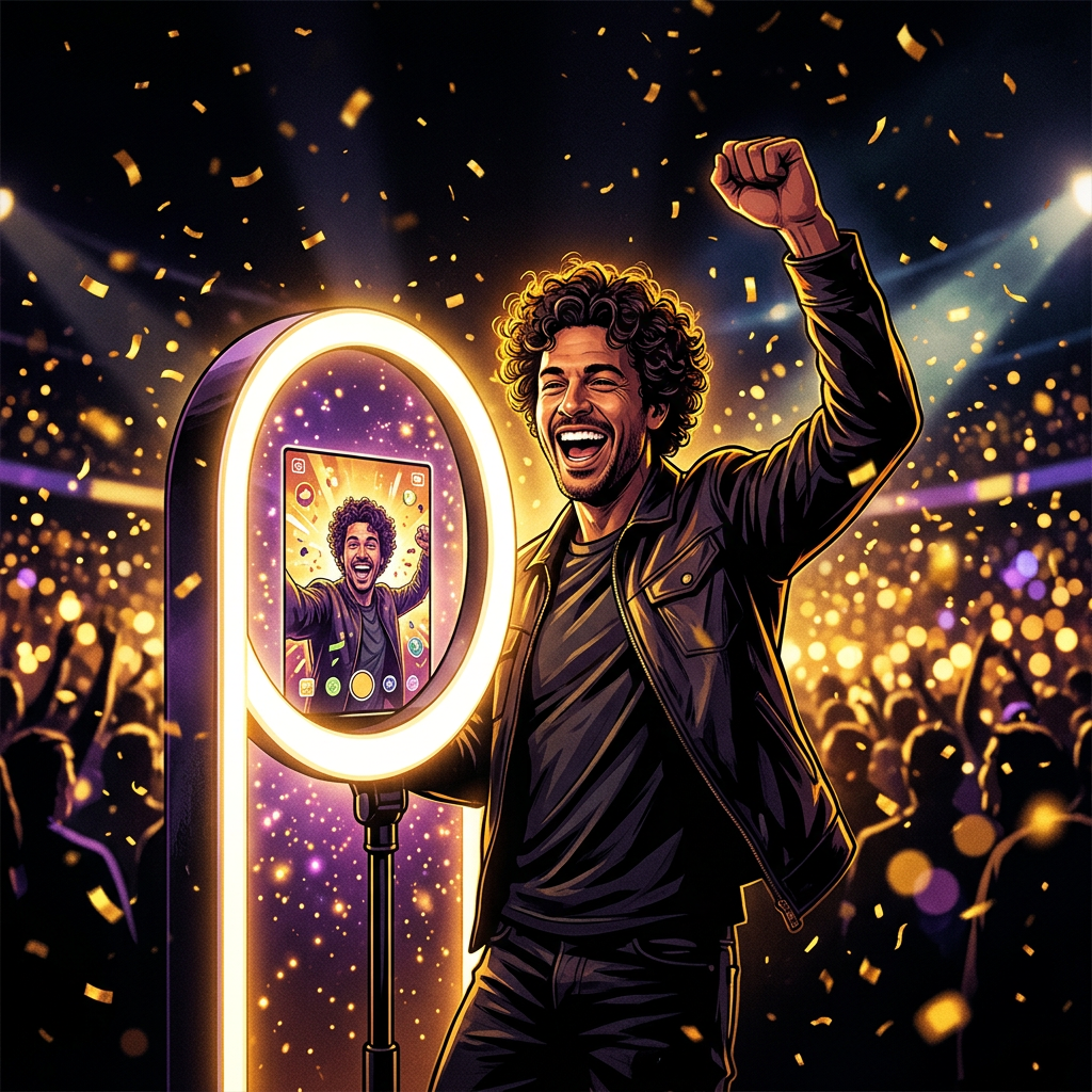 A fan smiling at a glowing ring-light photo kiosk showing his face on screen