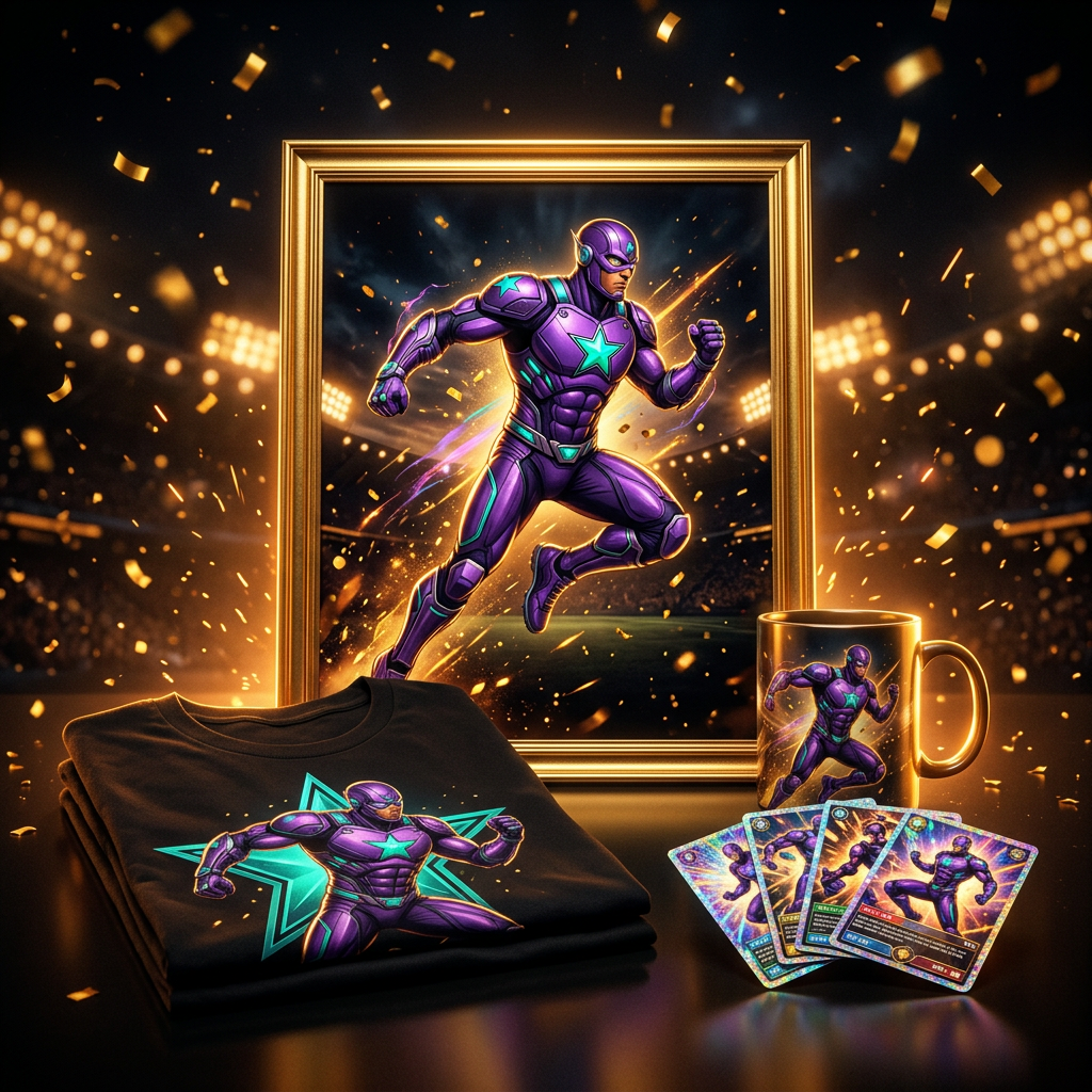 A framed hero poster, t-shirt, mug, and holographic trading cards on display