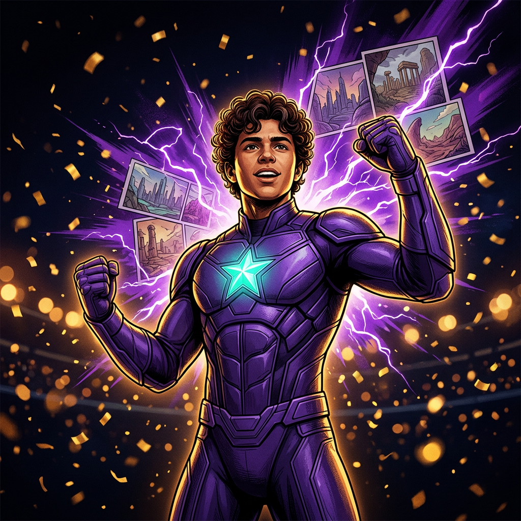 The fan transformed into an original violet superhero with a teal star emblem