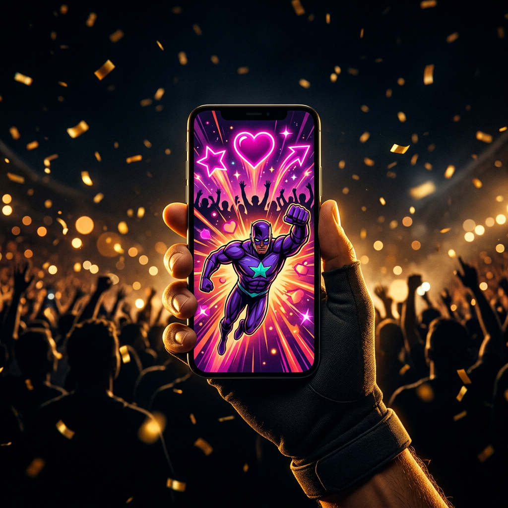 A hand holding a phone beaming hero art outward with heart and star reactions
