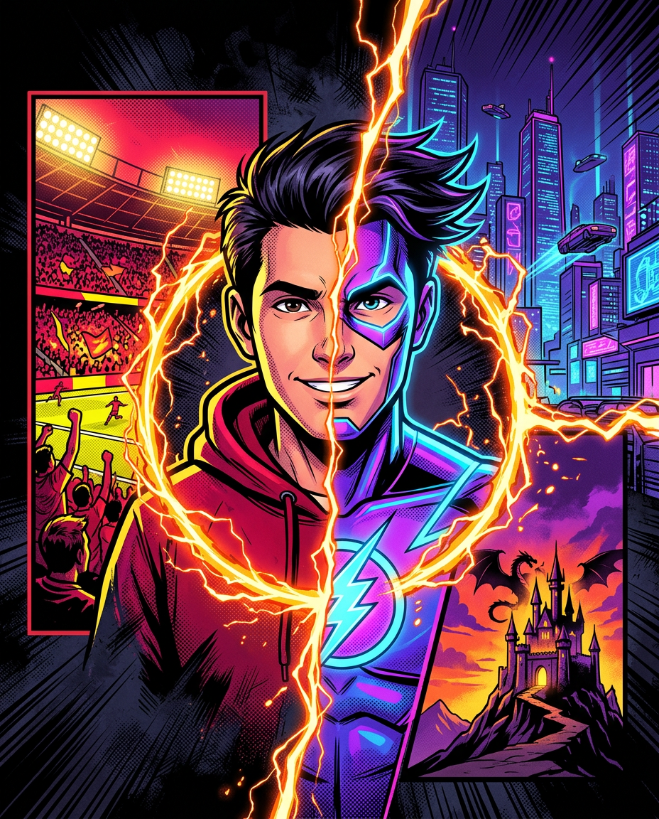 Comic pop-art portrait of a fan splitting into sports, sci-fi, and fantasy story worlds through a glowing energy ring