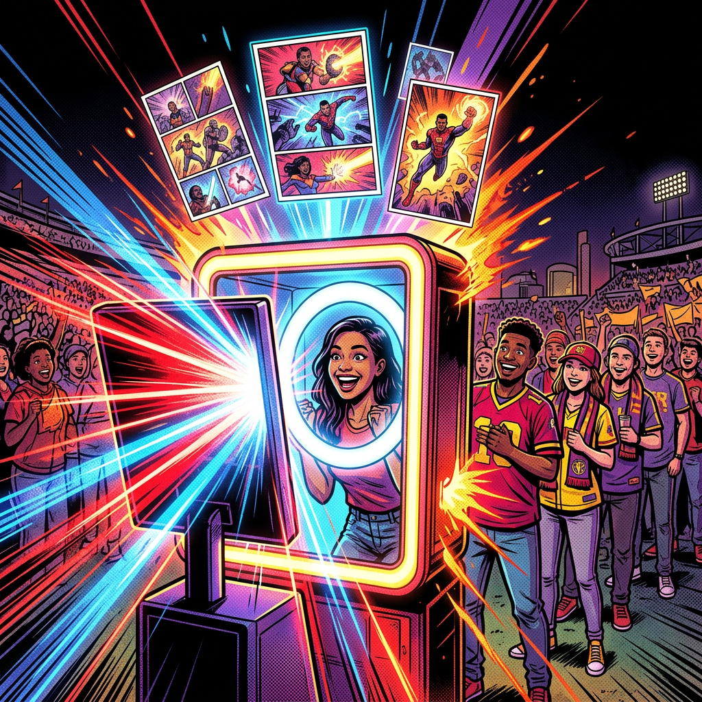 Comic pop-art scene of fans lining up at a glowing branded Neuroviral photo kiosk at a stadium fan zone