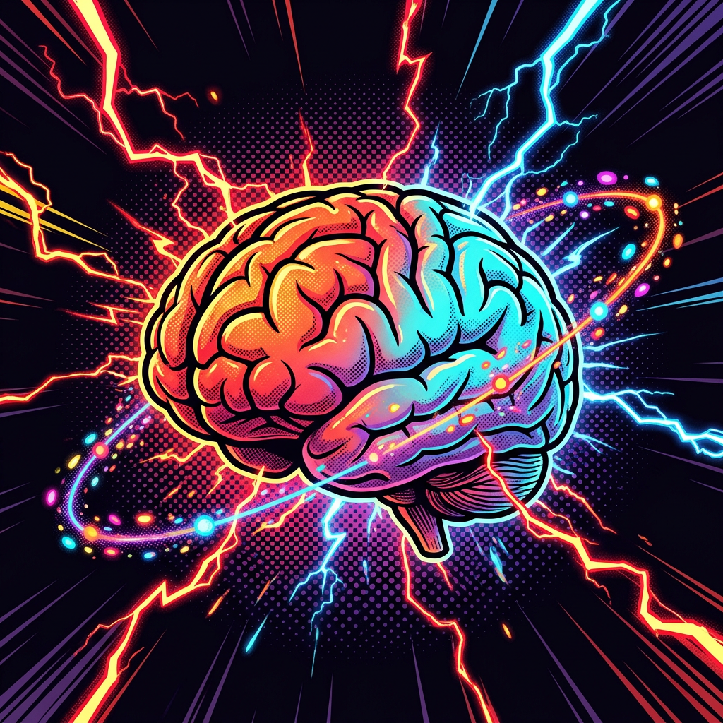 Comic pop-art illustration of a glowing brain crackling with red and blue lightning over a halftone background