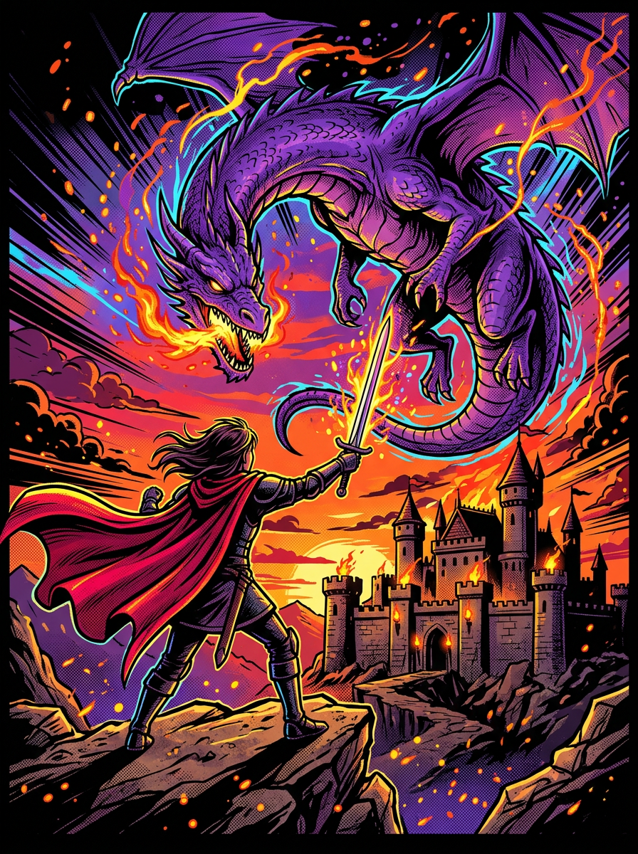 Comic pop-art cover of a fan facing a dragon above a torch-lit castle