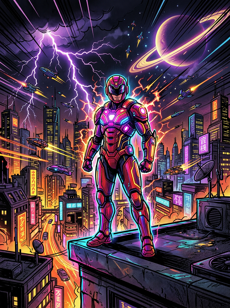 Comic pop-art cover of a fan in a neon cyberpunk megacity with starships overhead