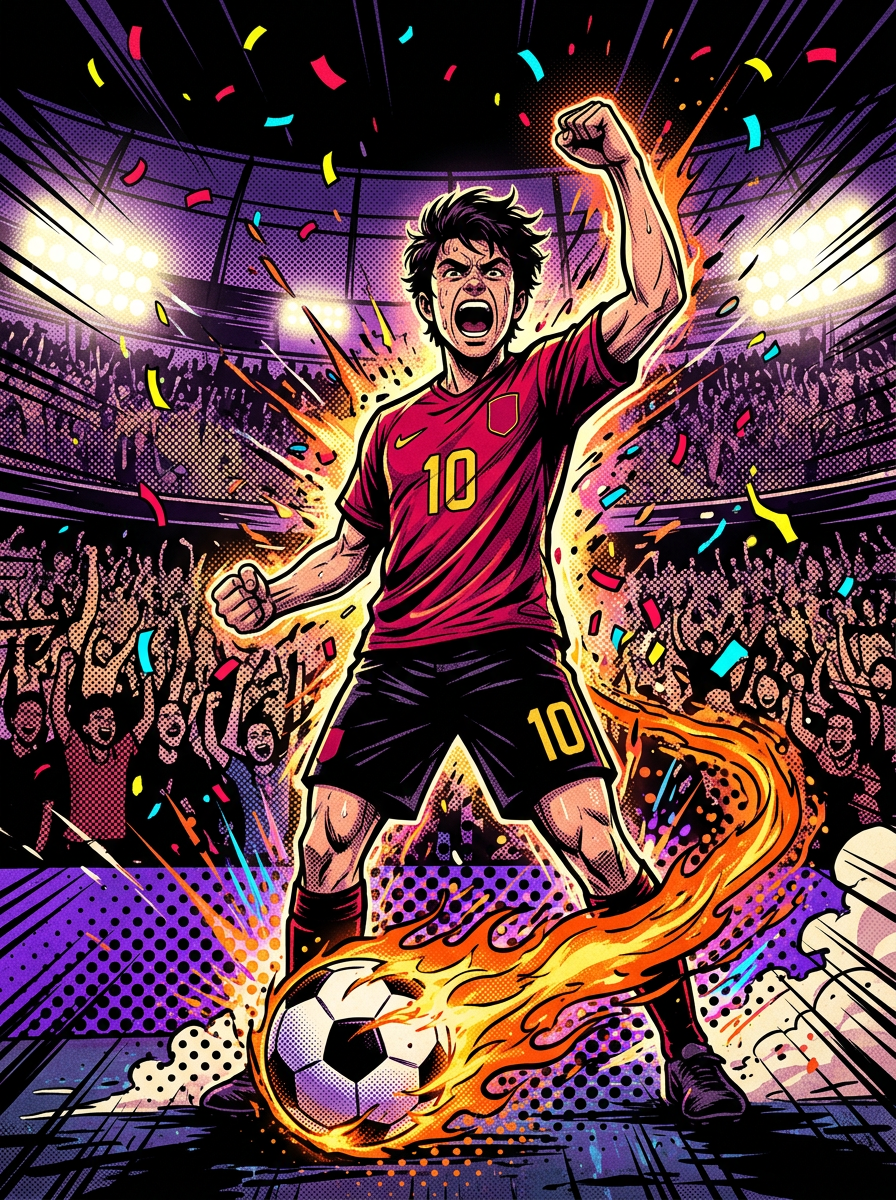 Comic pop-art cover of a fan celebrating a goal in a packed stadium